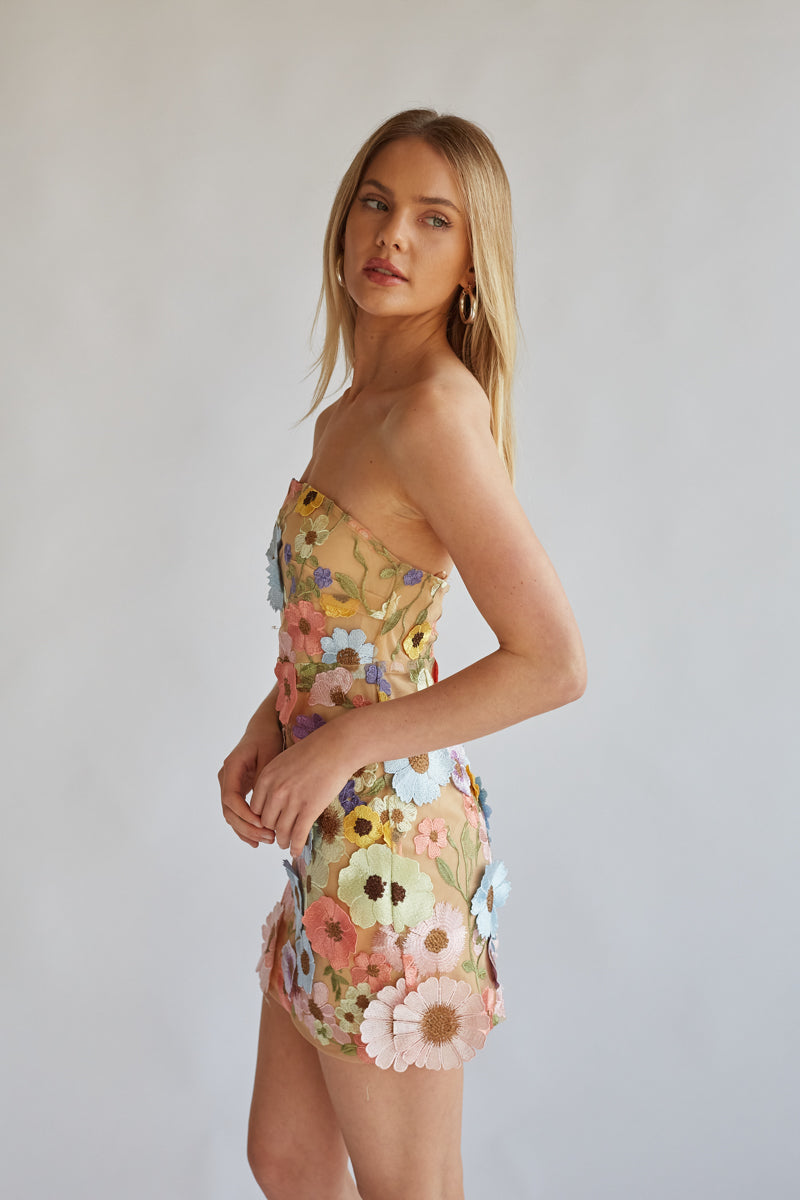multicolor floral applique mini dress with bodycon fit | taylor swift oscar de la renta grammy dress dupe