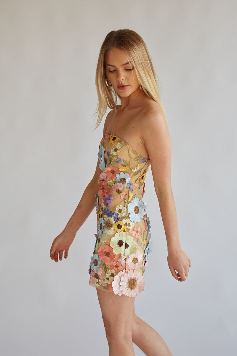 rainbow flower applique on nude mini dress | oscar de la renta dress dupe
