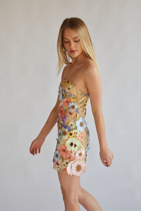 rainbow flower applique on nude mini dress | oscar de la renta dress dupe