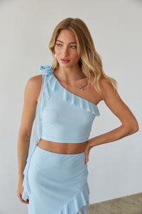 front view | baby blue one shoulder asymmetrical rosette ruffle crop top 