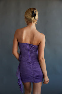 strapless purple bodycon dress - shimmery metallic party dress - 2023 homecoming dress inspo