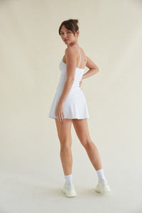 White Mini Tennis Dress- adjustable straps and built in shorts with pockets and double lined