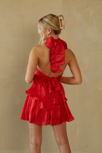 red high neck ruffle homecoming romper