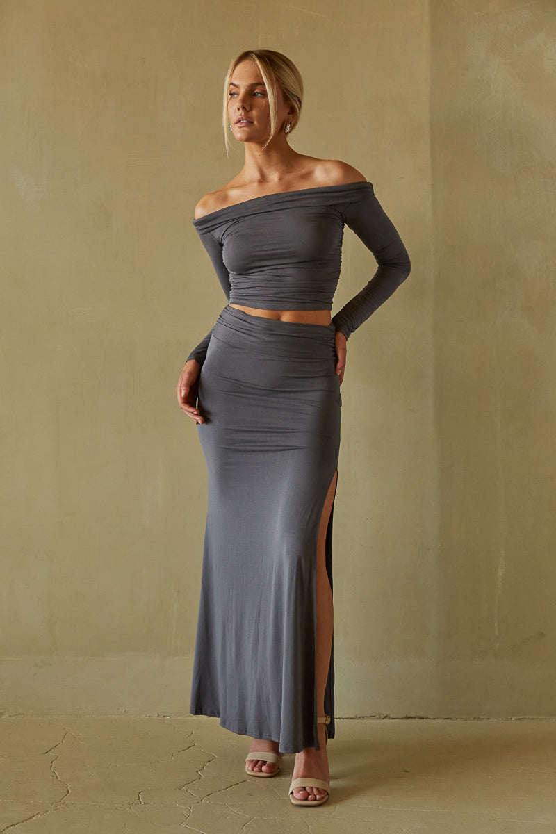 sexy gray high waisted maxi skirt with high leg slit - soft knit stretchy maxi skirt - off the shoulder foldover cropped long sleeve shirt - matching skirt sets for women