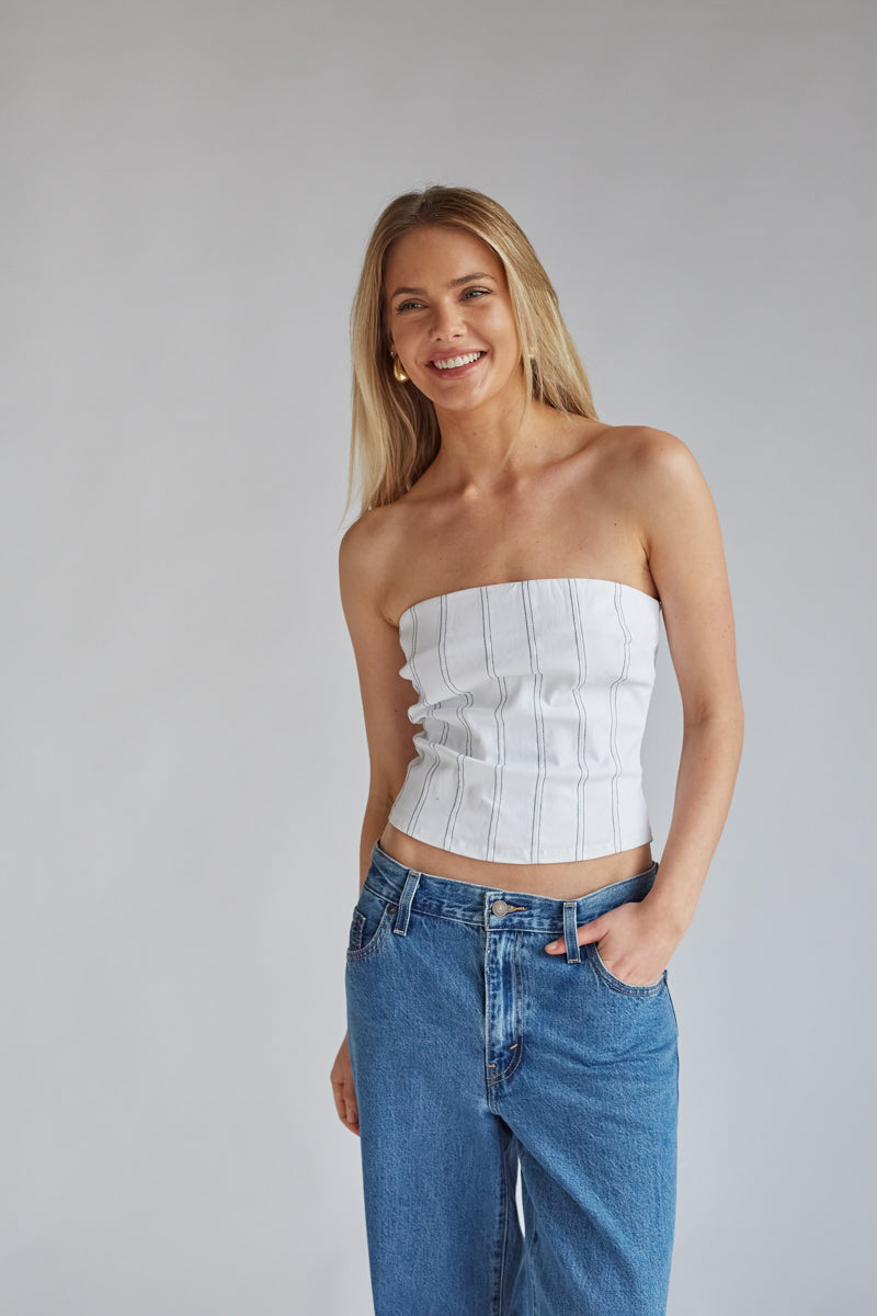 trendy white and black pin striped corset top | what to wear to a baseball game