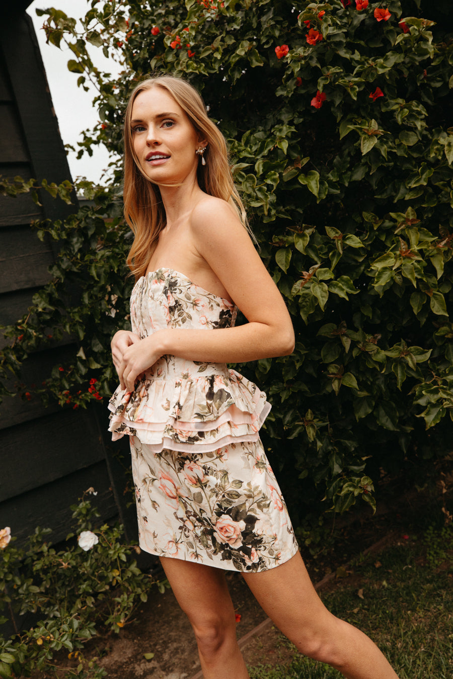 Cayla Floral Corset Peplum Mini Dress, Pink Floral / M