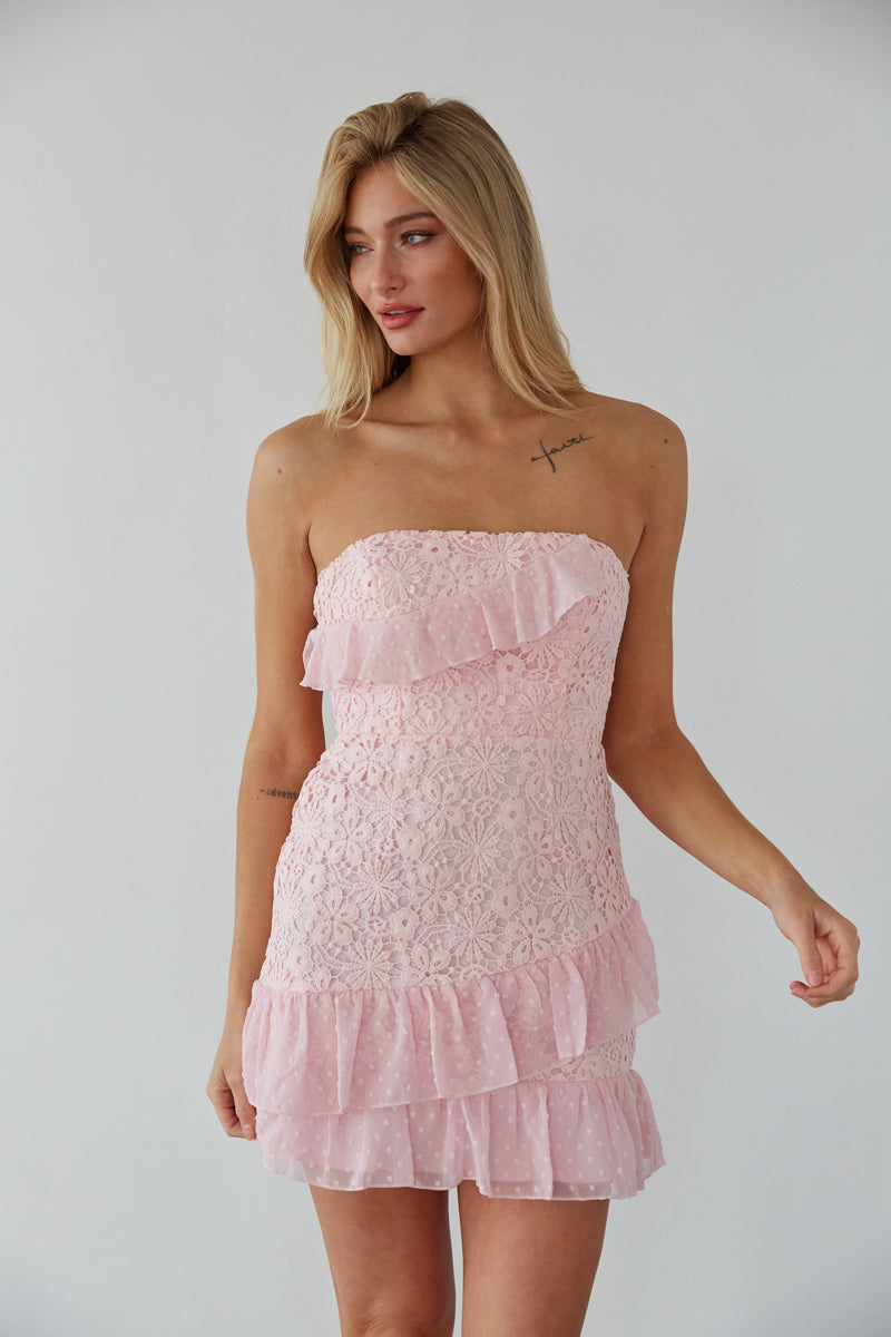 strapless pink lace dress - lace ruffle mini dress - what to wear to sorority recruitment