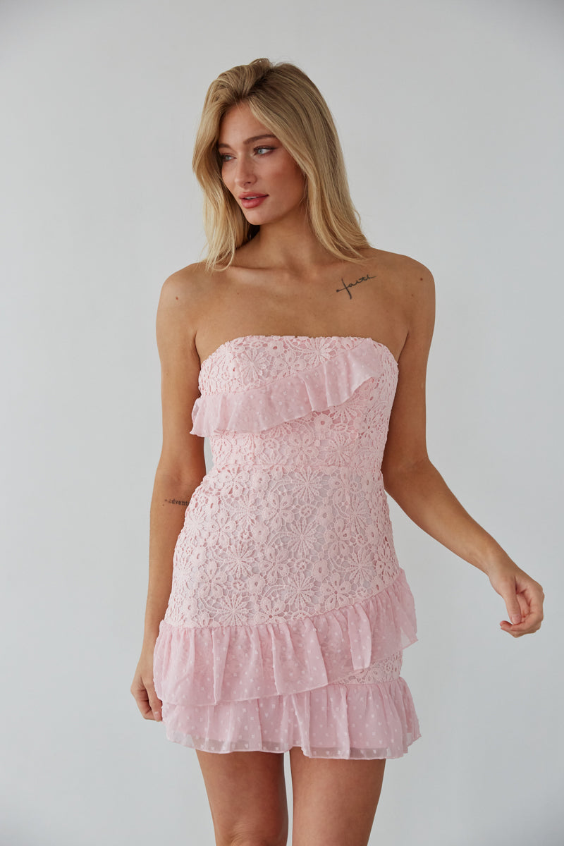 Cece Strapless Lace Ruffle Tie Back Mini Dress • Shop American