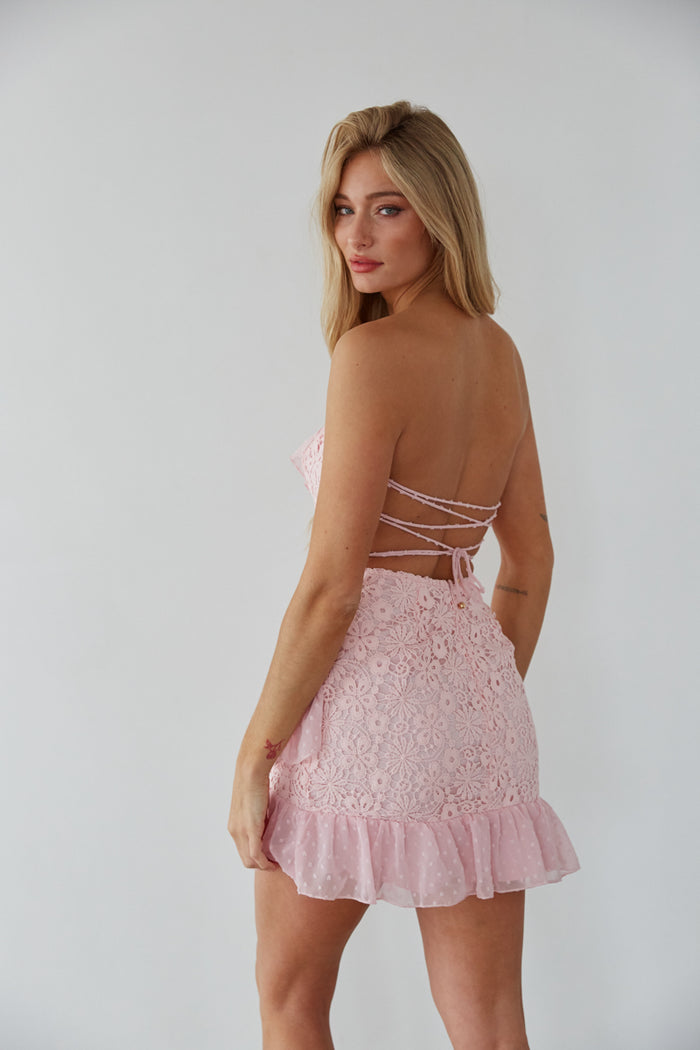 light pink tie back mini dress - strapless lace sorority rush dress - blush ruffle mini dress