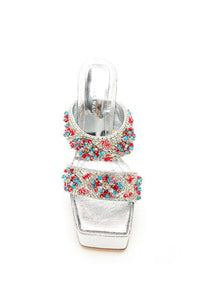 silver rhinestone block heel - platform high heels by azalea wang - sparkly silver high heels
