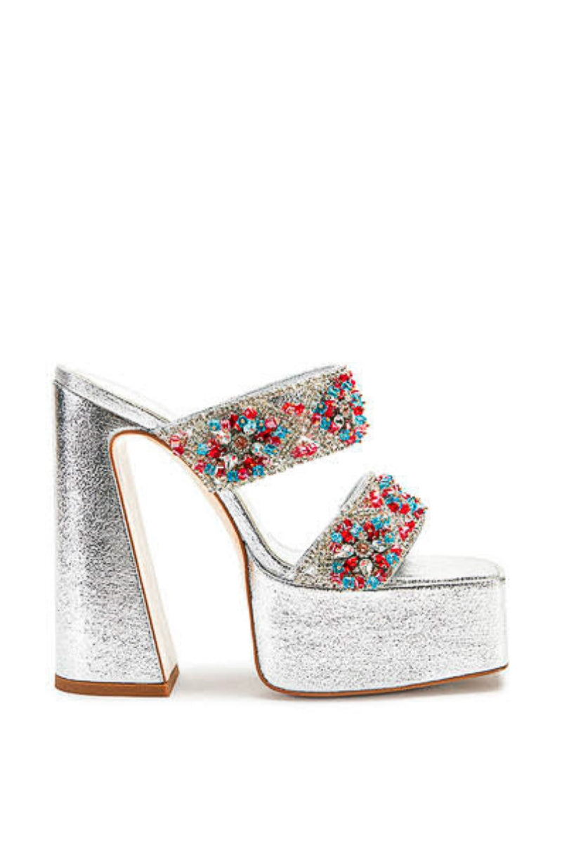 silver chrome platform sandal - multicolored rhinestone embellished block heel - azalea wang statement heel
