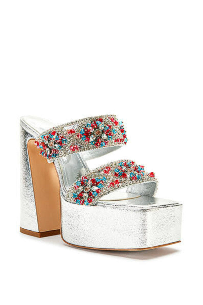 rhinestone embellished silver block heel - silver chrome platform sandal - azalea wang