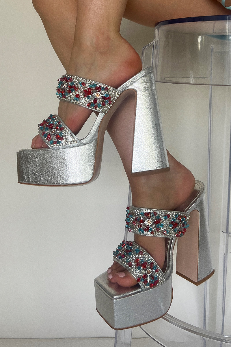 side view chunky silver platform bratz doll style block heels with multicolored bedazzle jewels on straps - heels perfect for prom or hoco