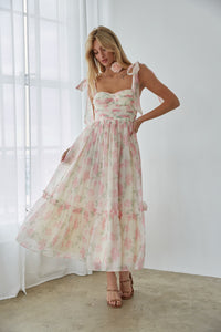 Celine Floral Tie Strap Bustier Maxi Dress Celine Floral Tie Strap Bustier Maxi Dress