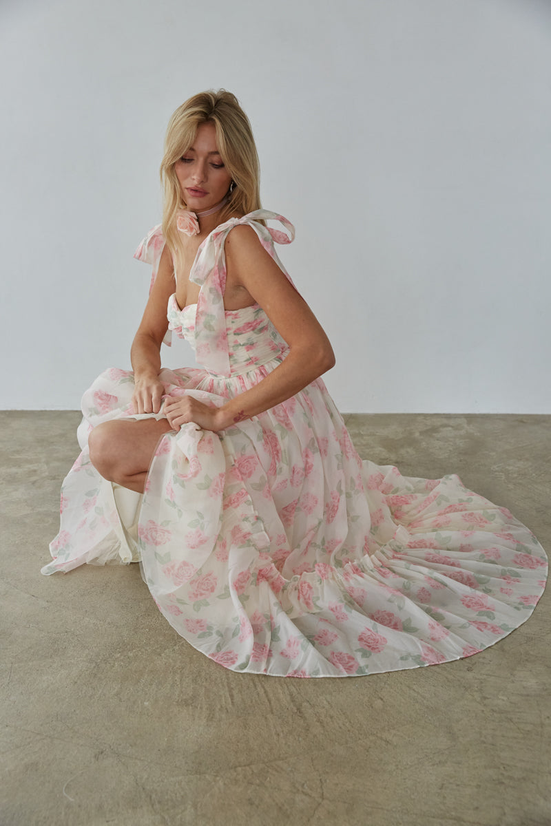 summer wedding guest dress - pink floral chiffon maxi dress - sorority rush maxi dress