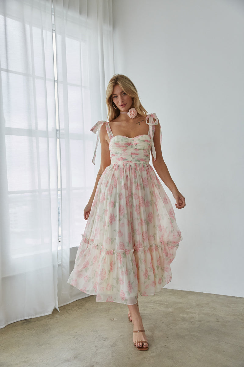 pink floral chiffon maxi dress - wedding guest dress - garden party outfit inspo