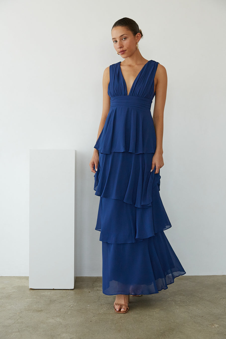 flowy maxi dress formal Charlene Chiffon Tiered • Shop American Threads Online Marquee Nightclub | NYC pdp:detail:page:pdp-shipping-and-returns Style:Midnight Leaves this dress brings timeless