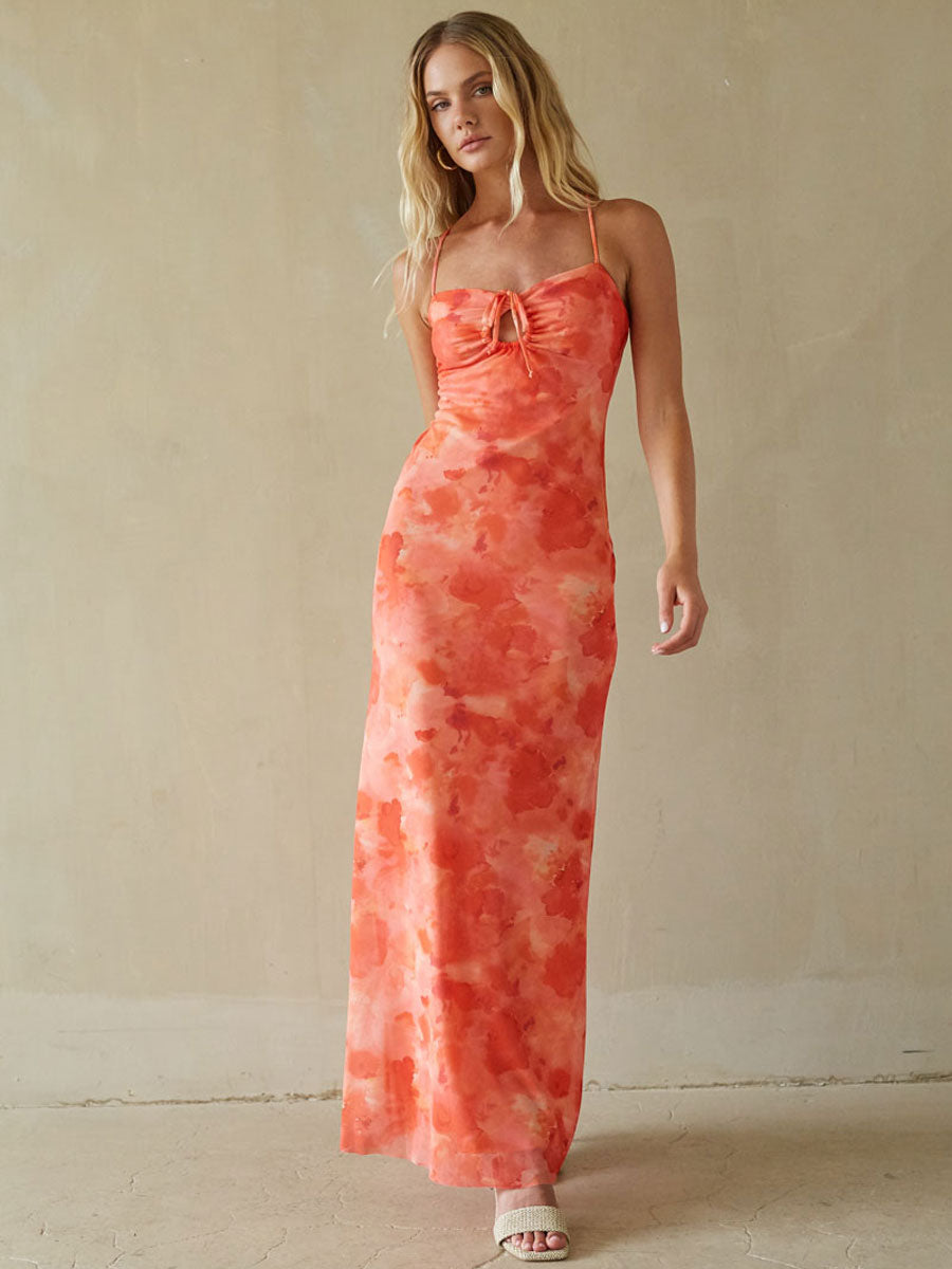 orange tie dye dress Chelley Keyhole Maxi Dress