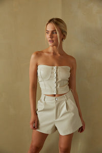 cream vegan leather shorts - faux leather shorts for fall - fall 2023 matching faux leather set