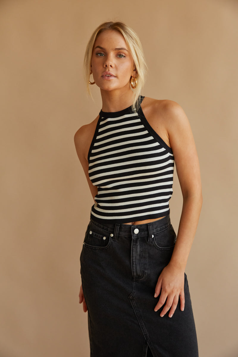 striped halter top - black and white striped tank - casual striped tank top