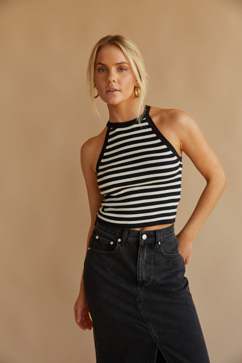 black and white striped halter tank - cute and casual high neck tank top - fall 2023 tank