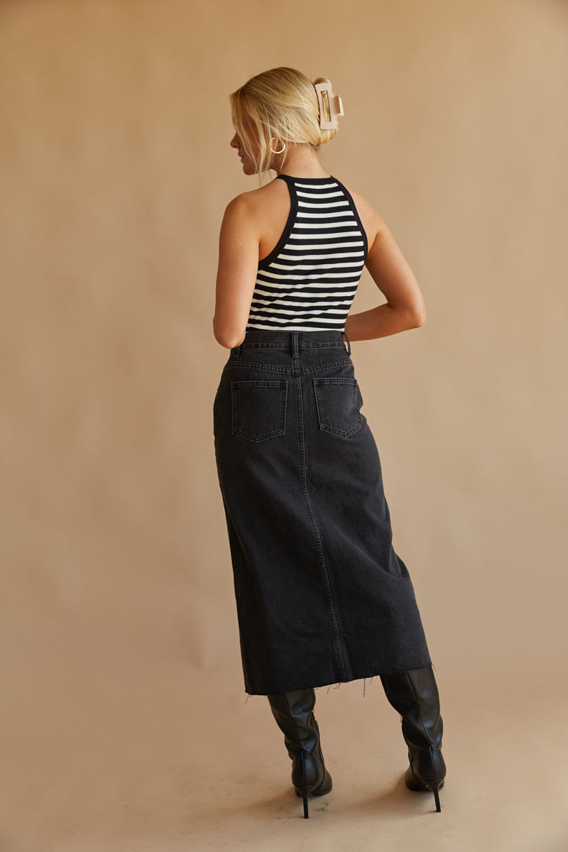 black denim midi skirt - long trendy denim skirt - fall outfit