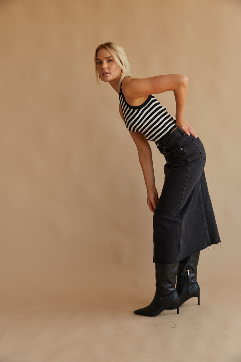 long black denim midi skirt for fall - denim skirt with center slit - 2023 fall trends