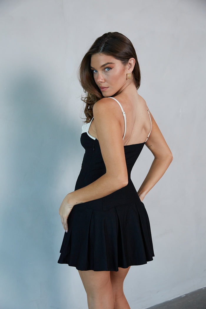 Claire Contrast Coquette Pleated Mini Dress •Shop American Threads Black / L