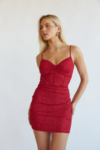 sparkly red corset style bodycon mini dress