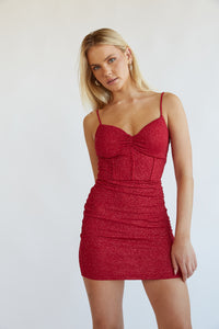 red glitter corset mini dress