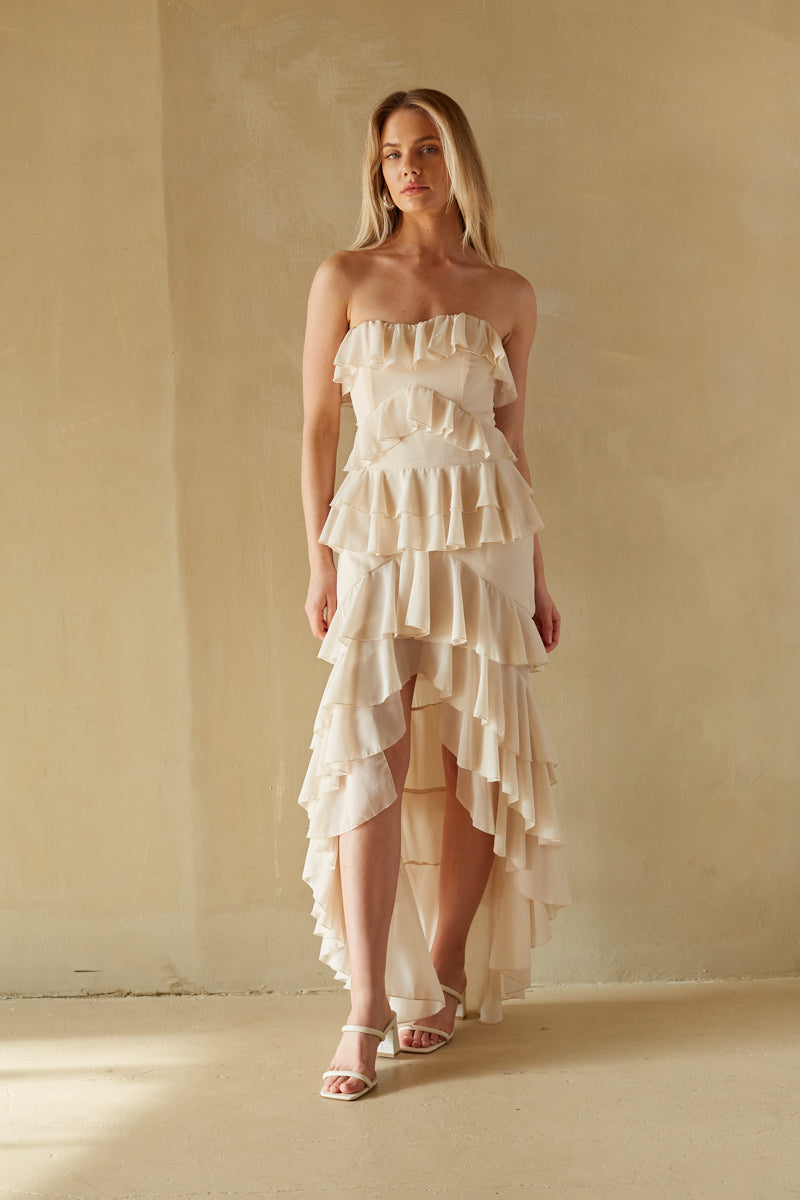 Clementine High Low Ruffle Maxi Dress Shop American Threads Boutique Berry / XS Clementine High Low Ruffle Maxi Dress Shop American Threads Boutique Berry / XS