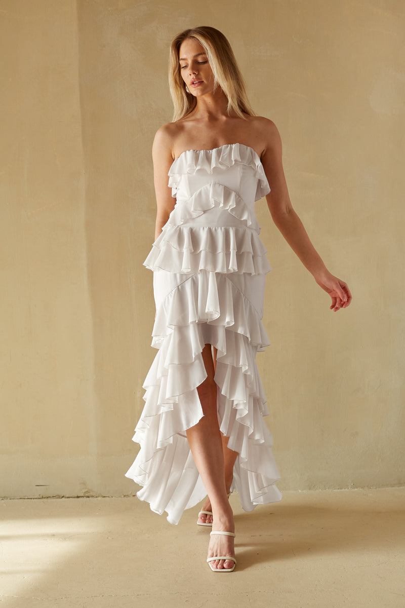 Clementine High Low Ruffle Maxi Dress Shop American Threads Boutique Berry / XS Clementine High Low Ruffle Maxi Dress Shop American Threads Boutique Berry / XS