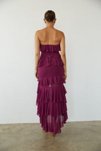 Clementine High Low Ruffle Maxi Dress Shop American Threads Boutique Berry / S Clementine High Low Ruffle Maxi Dress Shop American Threads Boutique Berry / S