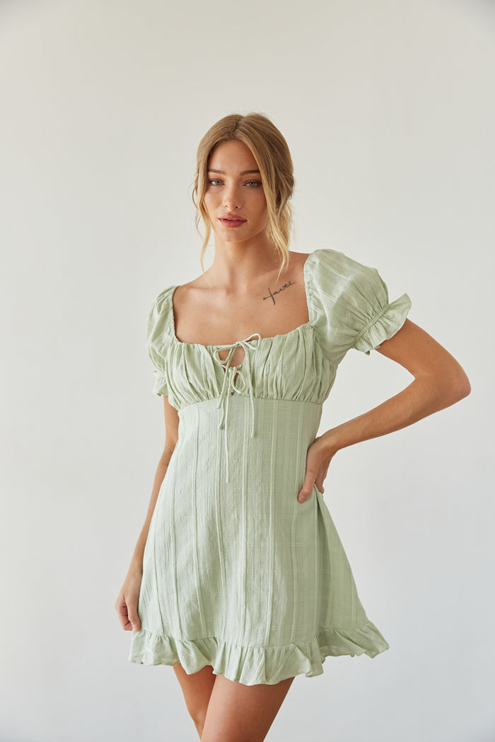front view | sage green gingham puff sleeve bustier babydoll mini dress | summer sundress