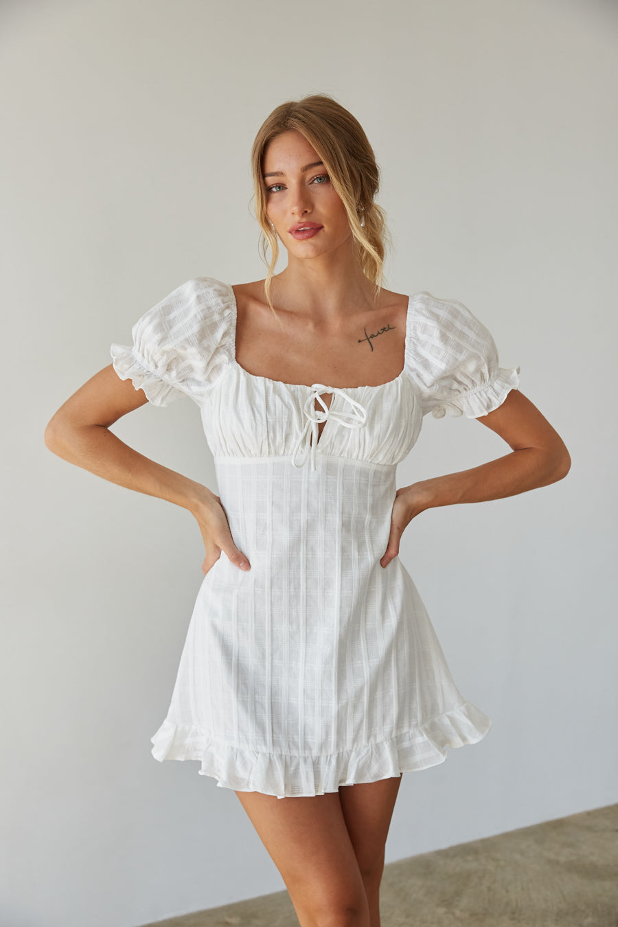 Clover Puff Sleeve Gingham Mini Dress, White / S