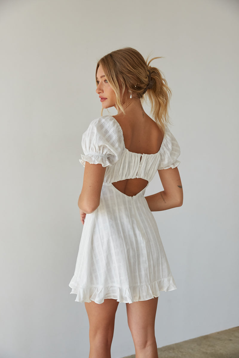 back view | white gingham puff sleeve bustier babydoll mini dress | unique grad mini dress