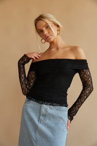 black off the shoulder fold over top - lace long sleeve top