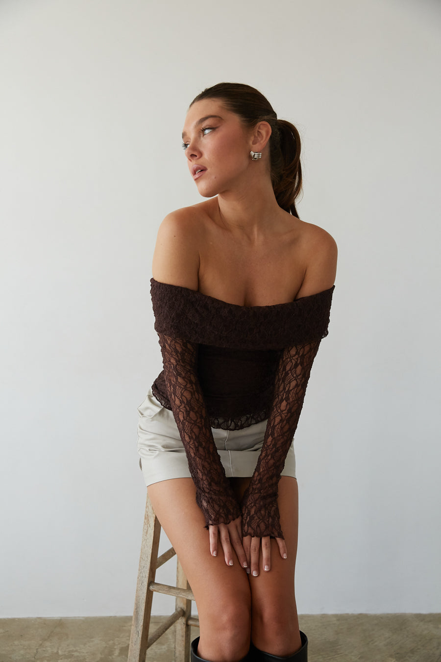 Off The Shoulder Long Sleeve Top - Lace Long Sleeve Top - American Threads Black / S Off The Shoulder Long Sleeve Top - Lace Long Sleeve Top - American Threads Black / S