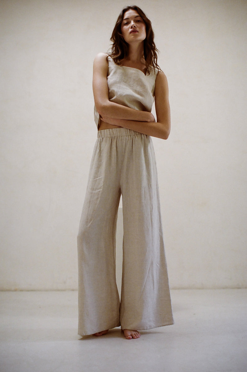 beige linen pants and matching top - matching pants set - resort wear
