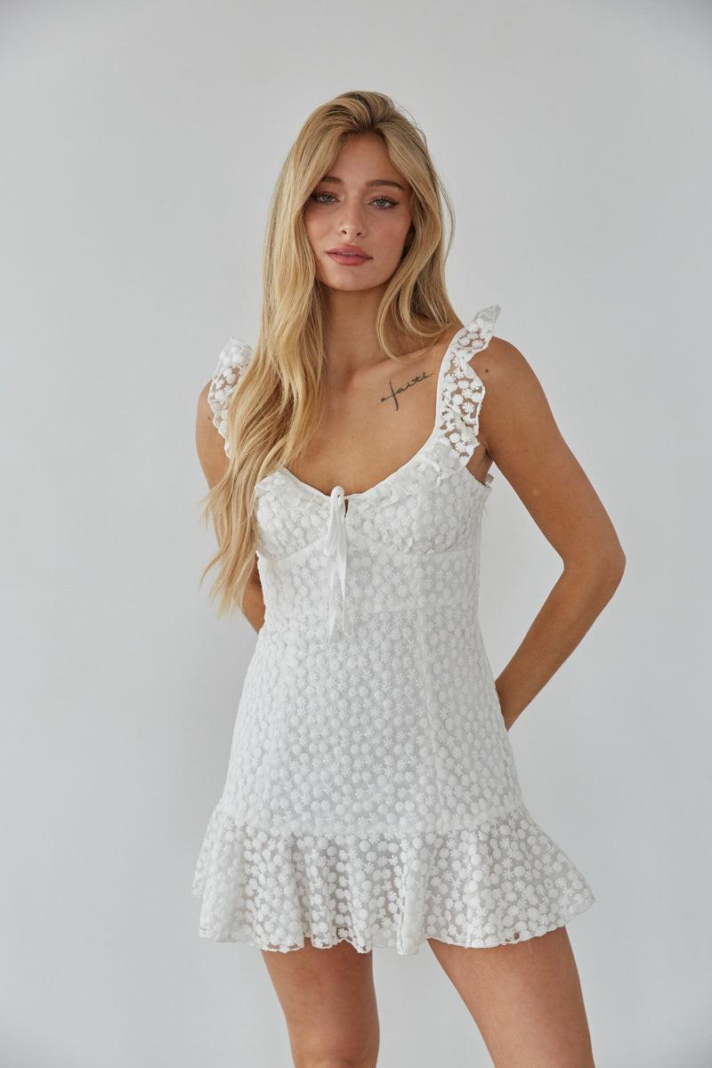 white lace daisy dress - floral lace graduation dress - white tie front ruffle sleeve mini dress