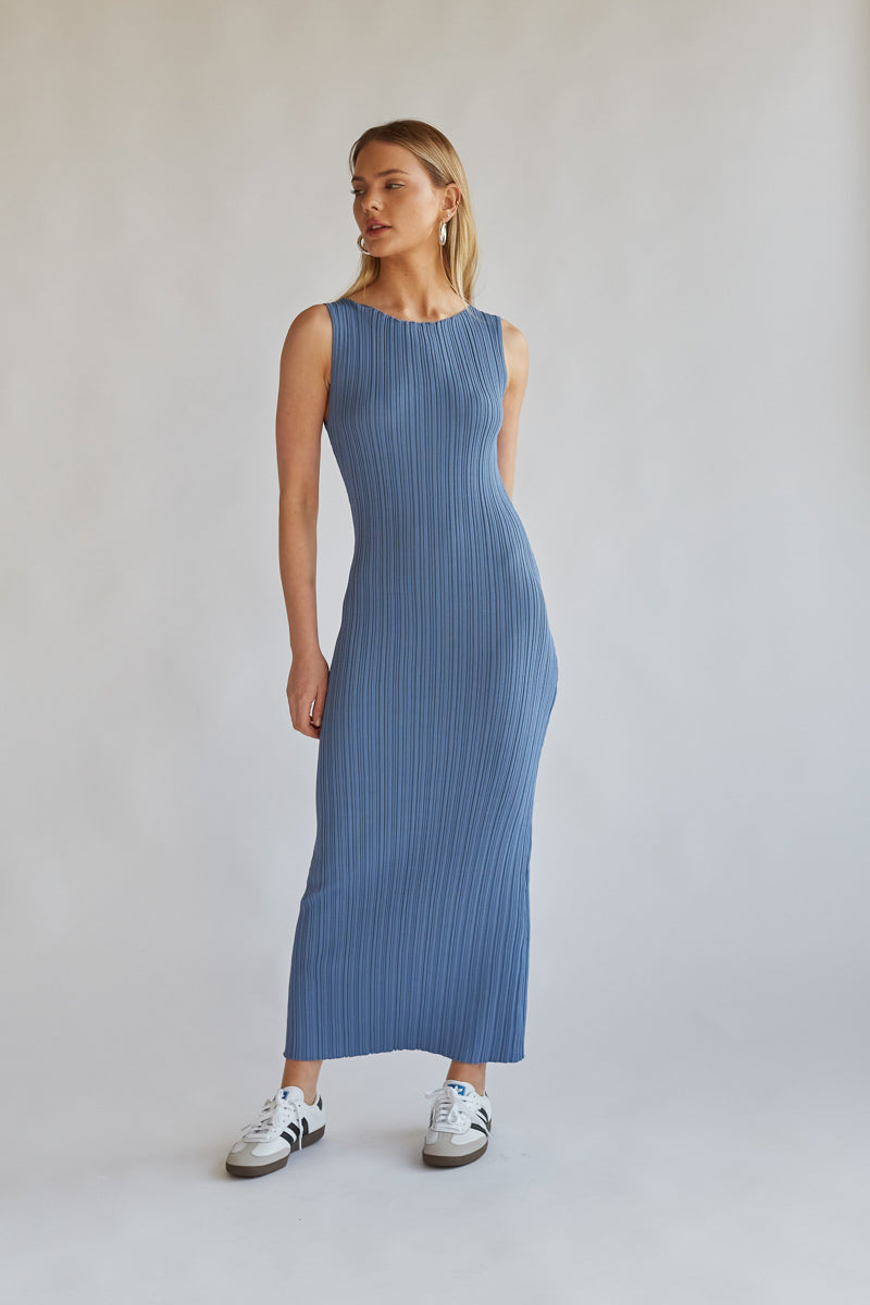 scoop neck sleeveless ribbed blue maxi dress with bodycon fit | sleek and simple staple maxi dress