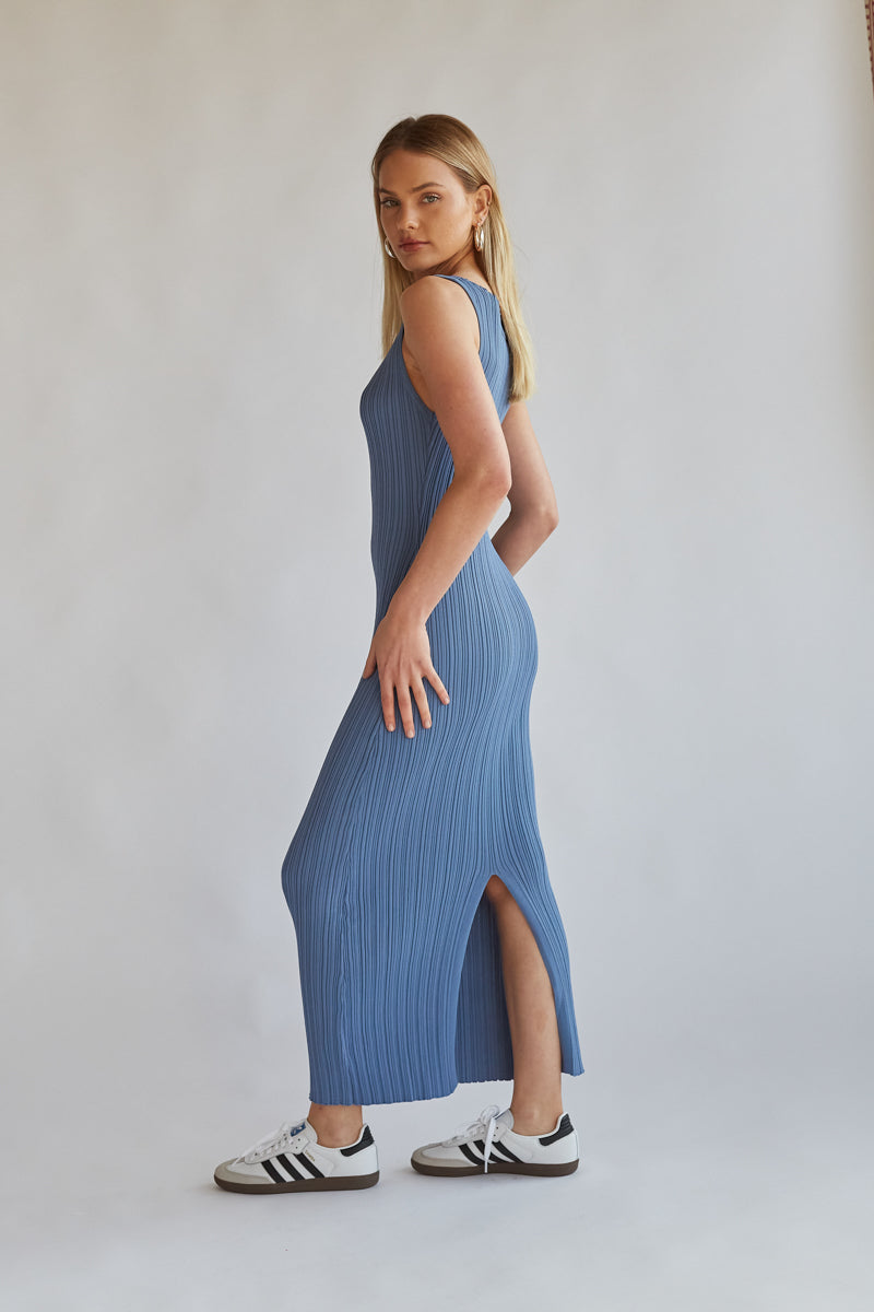 model off-duty blue ribbed maxi dress | elevated basics you need in 2024