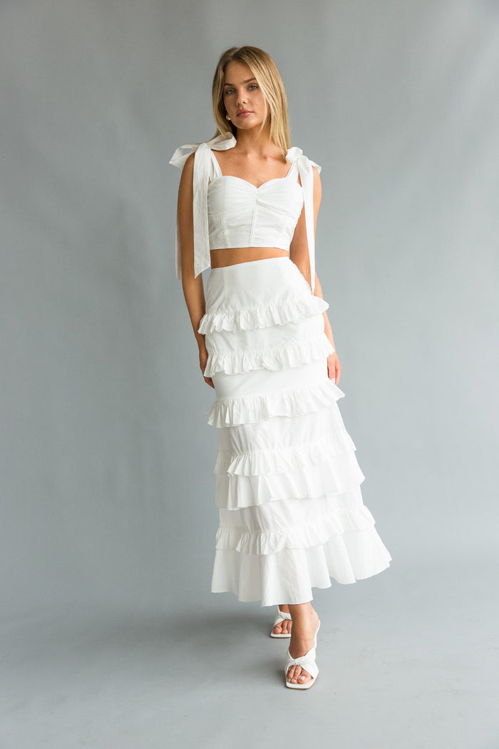 Dawn Bow Strap Bustier Top + Tiered Ruffle Skirt Set