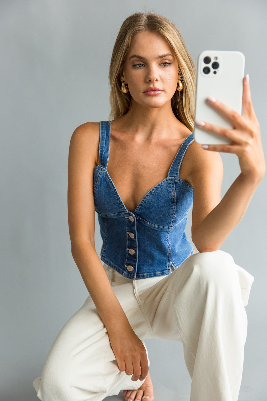 Front view| blue denim button up corset | going out top