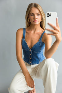 Front view| blue denim button up corset | going out top