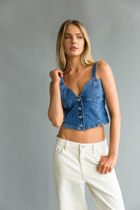 Front view| blue denim button up corset | going out top