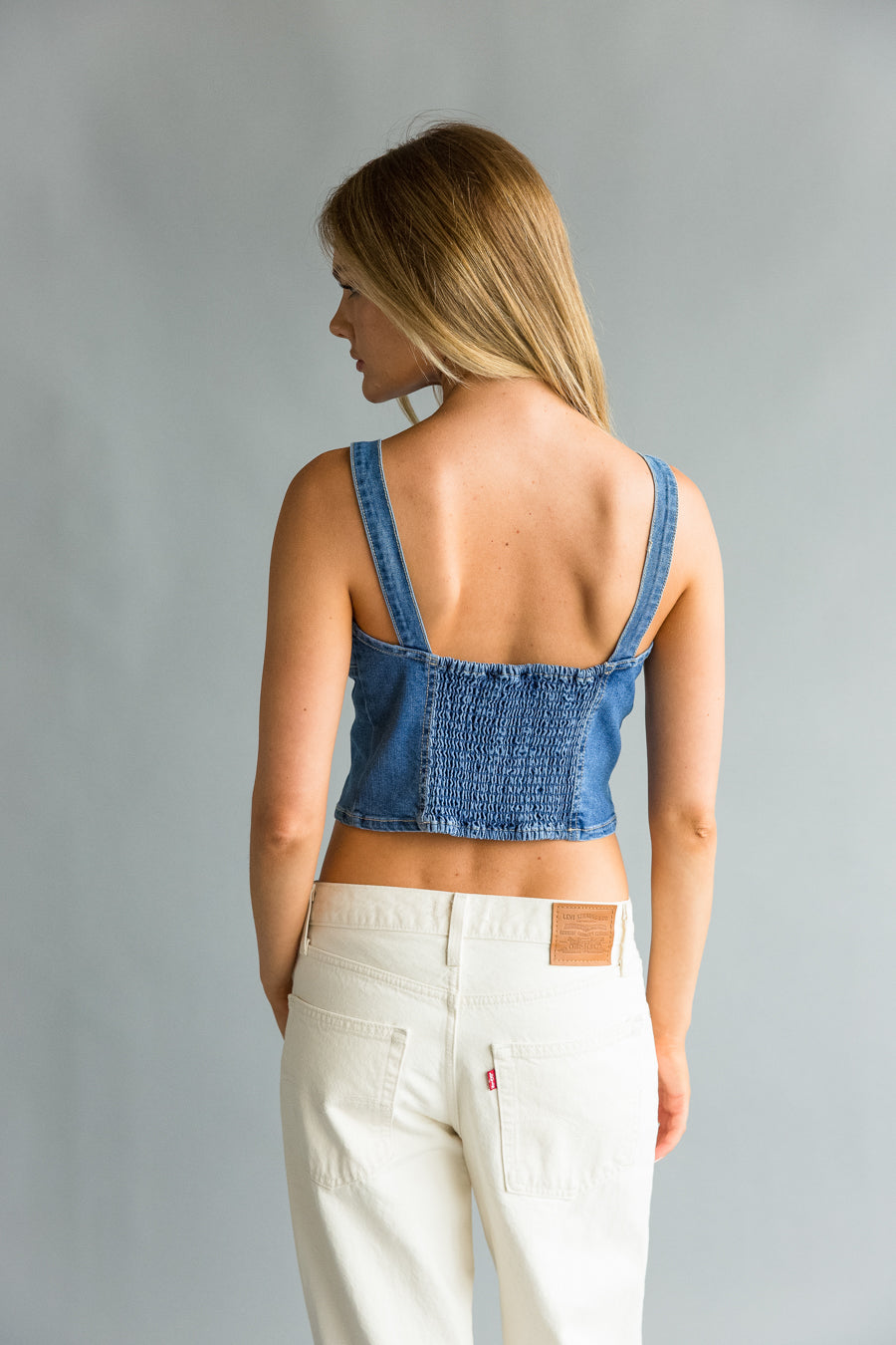 Back view| blue denim button up corset | going out top