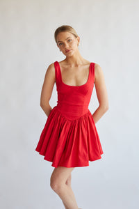 cherry red mini dress with fit and flare silhouette | flattering valentines day dress boutique