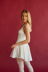 balletcore white corset bodice mini dress with flare skirt | cottage core white mini dress