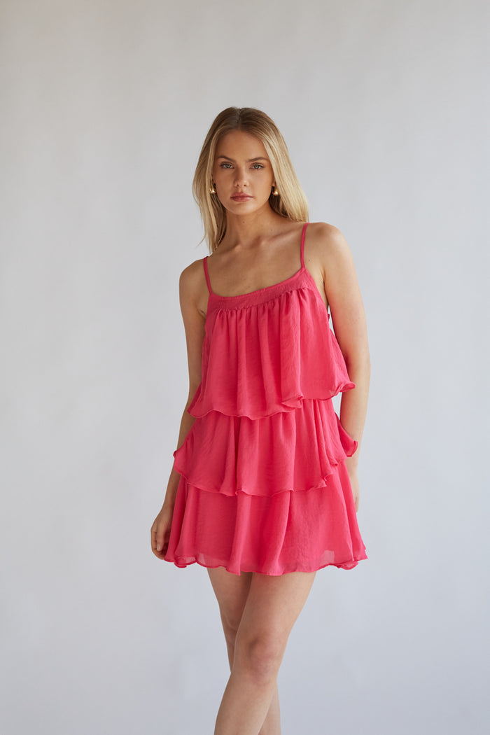 fuchsia tiered ruffle romper with spaghetti strap | what to wear for rush 2024